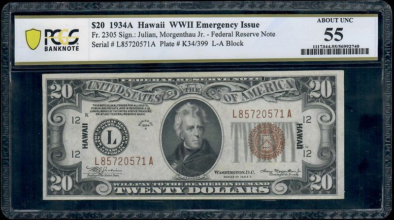 1934 $5 Hawaii WWII Emergency Issue ** LA Block** FR-2305 PCGS 55 AU