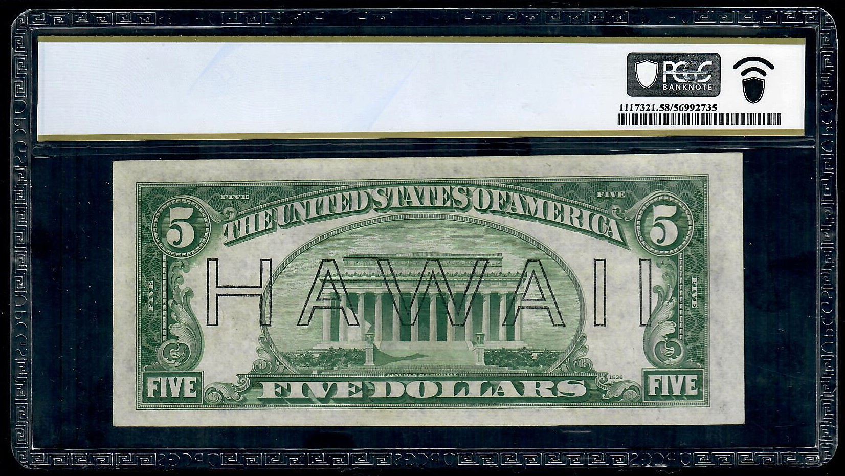 1934 $5 Hawaii WWII Emergency Issue ** LA Block** FR-2301 PCGS 58 AU