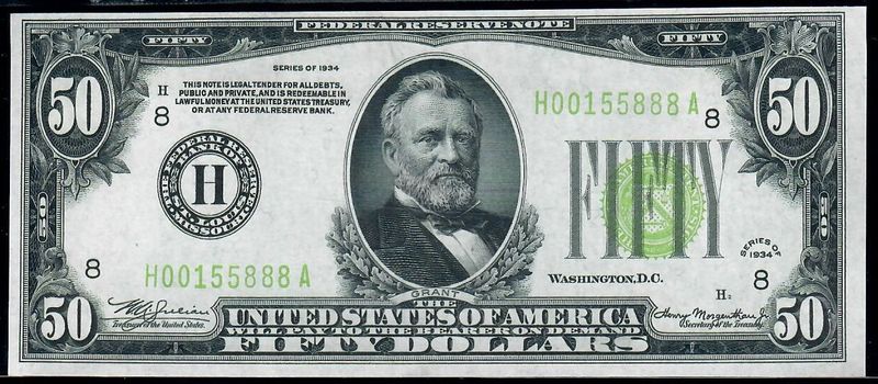 FR 2102-H 1934 $50 LIGHT GREEN FEDERAL RESERVE NOTE UNCIRCULATED