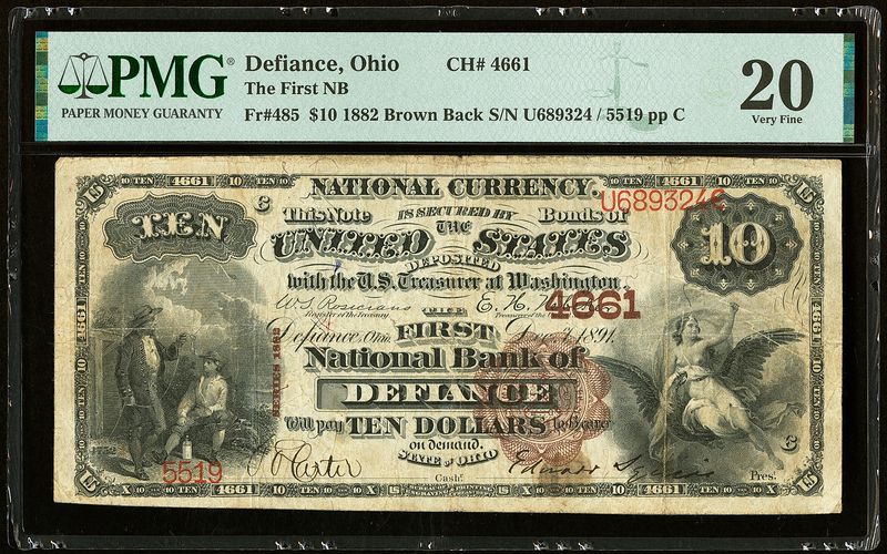 1882 $10 Brown Back The First National Bank of Defiance, OH- CH # 4661 PMG 20 VF