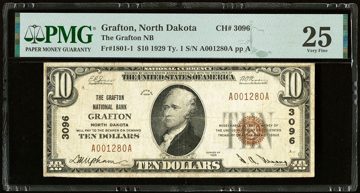 1929 $10 GRAFTON NATIONAL BANK  GRAFTON, NORTH DAKOTA PMG 25 VF