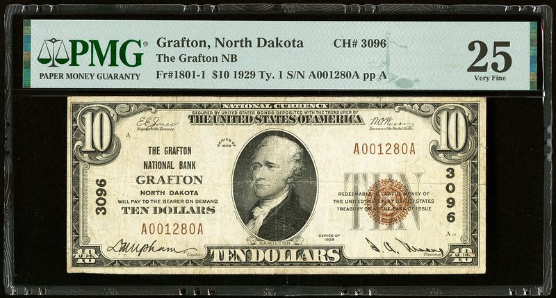 1929 $10 GRAFTON NATIONAL BANK  GRAFTON, NORTH DAKOTA PMG 25 VF