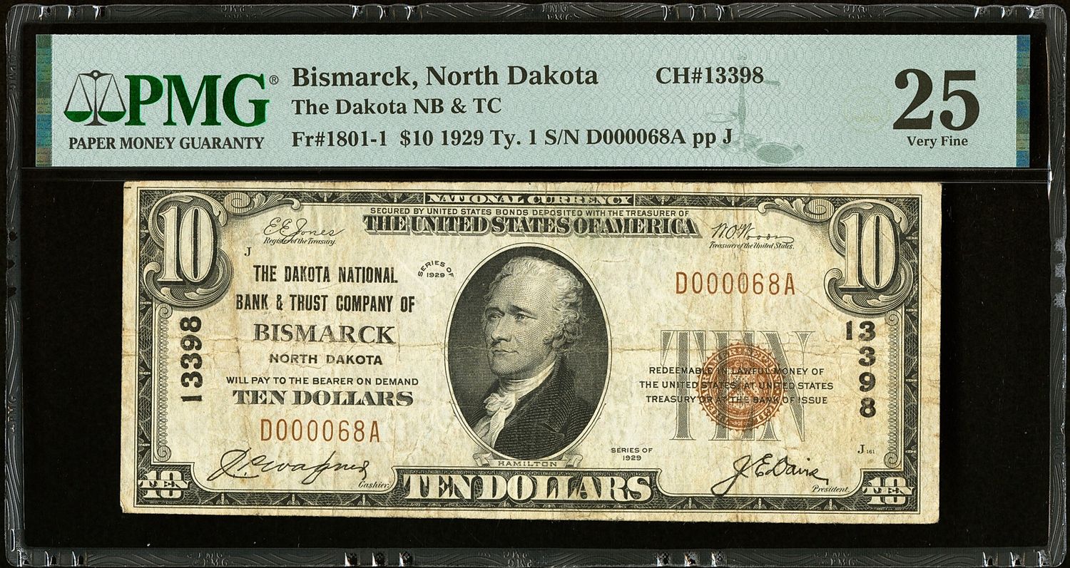 1929 $10 Bismarck National Bank, Bismarck, NORTH DAKOTA PMG 25 VF
