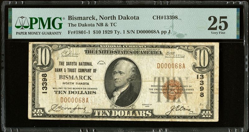 1929 $10 Bismarck National Bank, Bismarck, NORTH DAKOTA PMG 25 VF