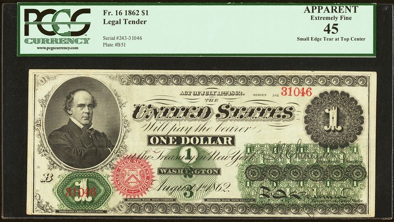 1862 $1 Legal Tender FR-16 - Graded PCGS 45 Extremely Fine