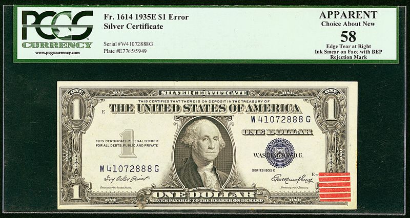 Ink Smear on Face and BEP Rejected $1 1935E Silver Certificate Fr. 1614 . PCGS Apparent Choice About New 58.