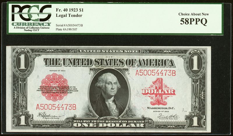 1923 $1 Legal Tender Fr# 40 PCGS 58 PPQ AU