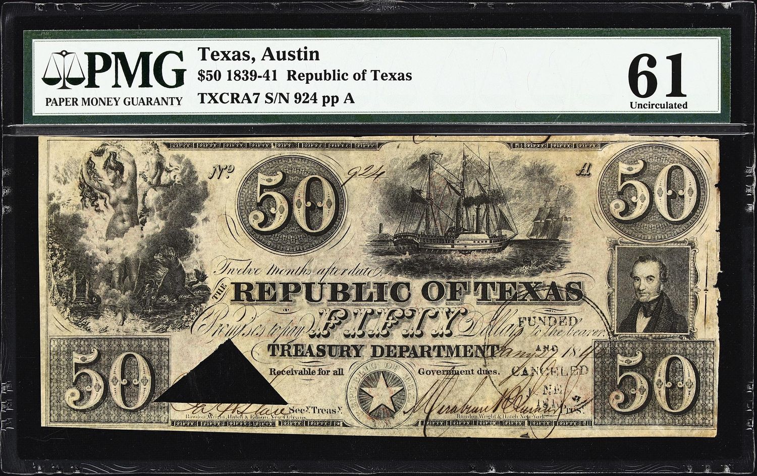 1839-41 $50 Republic of Texas, Austin Obsolete Note - PMG 61 UNC