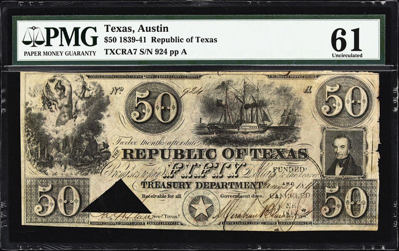 1839-41 $50 Republic of Texas, Austin Obsolete Note - PMG 61 UNC