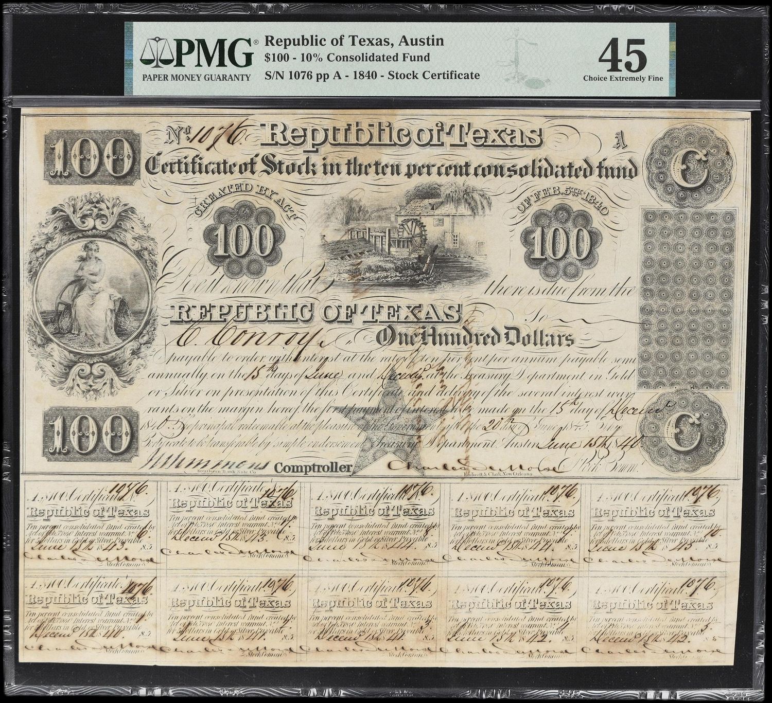 Austin, Texas. Republic of Texas. Stock Certificate. 1840 $100. PMG Choice Extremely Fine 45.