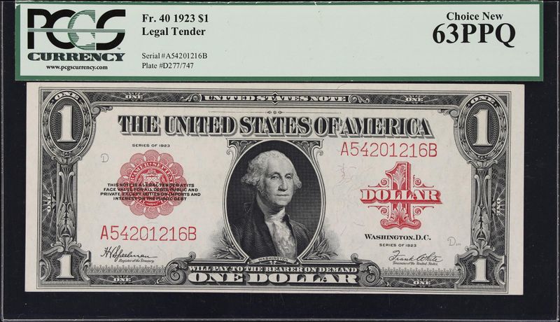 1923 $1 Legal Tender Red Seal FR.40 Horse Blanket PCGS 63 PPQ