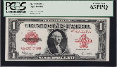 1923 $1 Legal Tender Red Seal FR.40 Horse Blanket PCGS 63 PPQ