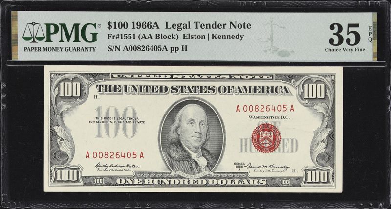 1966A $100 Red Seal Note Fr.1551 Legal Tender PMG 35 EPQ