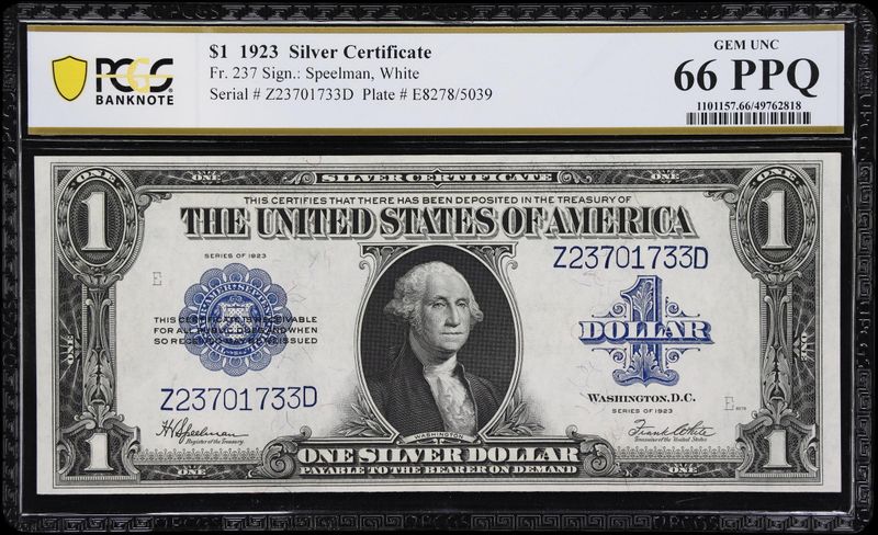 1923 $1 Silver Certificate FR-237 Horse Blanket PCGS 66 PPQ Uncirculated