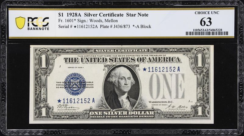 ​1928A $1 Silver Certificate STAR Note Funny Back FR#1601* PCGS 63 PPQ