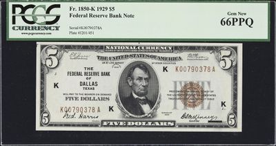 1929 $5 FRBN Dallas, Tx Fr. 1850-K PCGS 66 EPQ