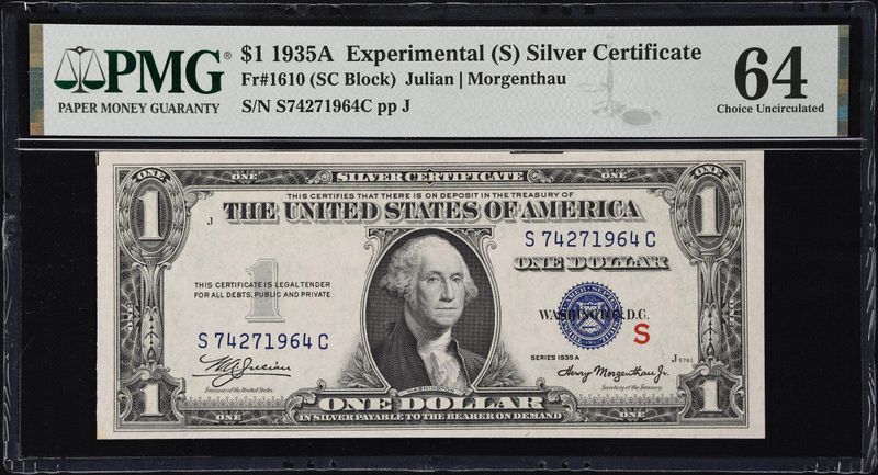 1935A $1 SILVER CERTIFICATE EXPERIMENTAL "S"  Fr 1610 PMG 64