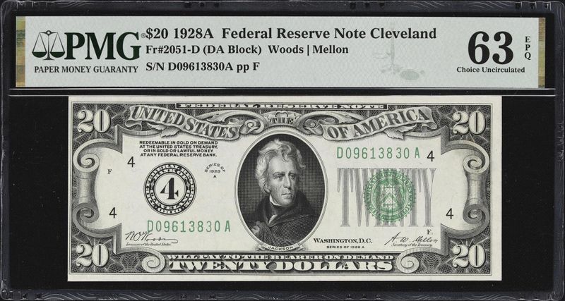 1928 $20 Federal Reserve Note Cleveland Fr. 2051-D PMG 63EPQ Uncirculated