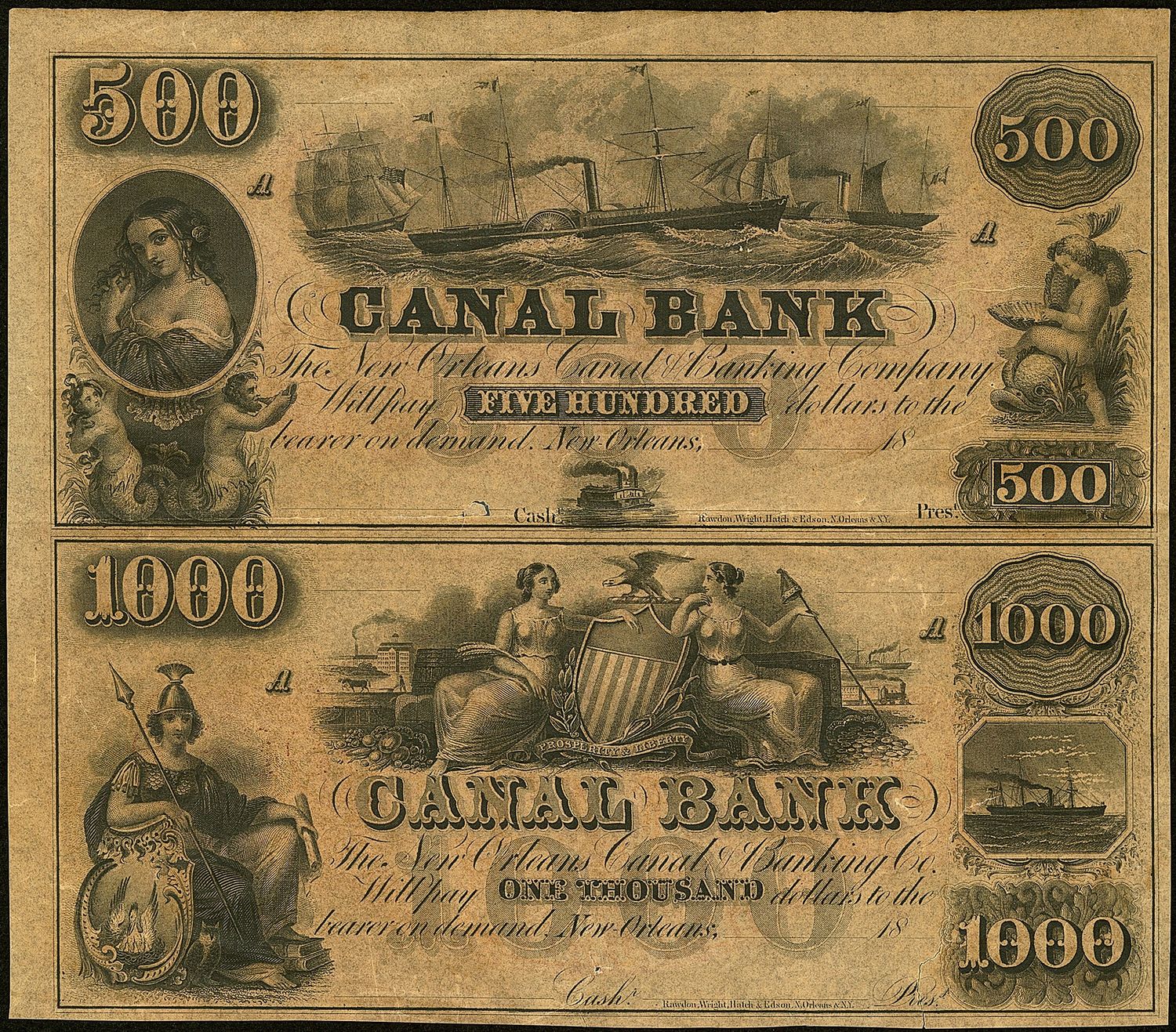 1800’s Uncut Sheet $1000 & $500 CANAL BANK NEW ORLEANS, LA OBSOLETE , VF