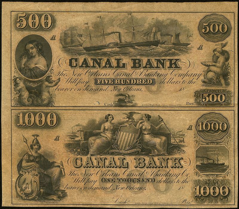 1800’s Uncut Sheet $1000 & $500 CANAL BANK NEW ORLEANS, LA OBSOLETE , VF