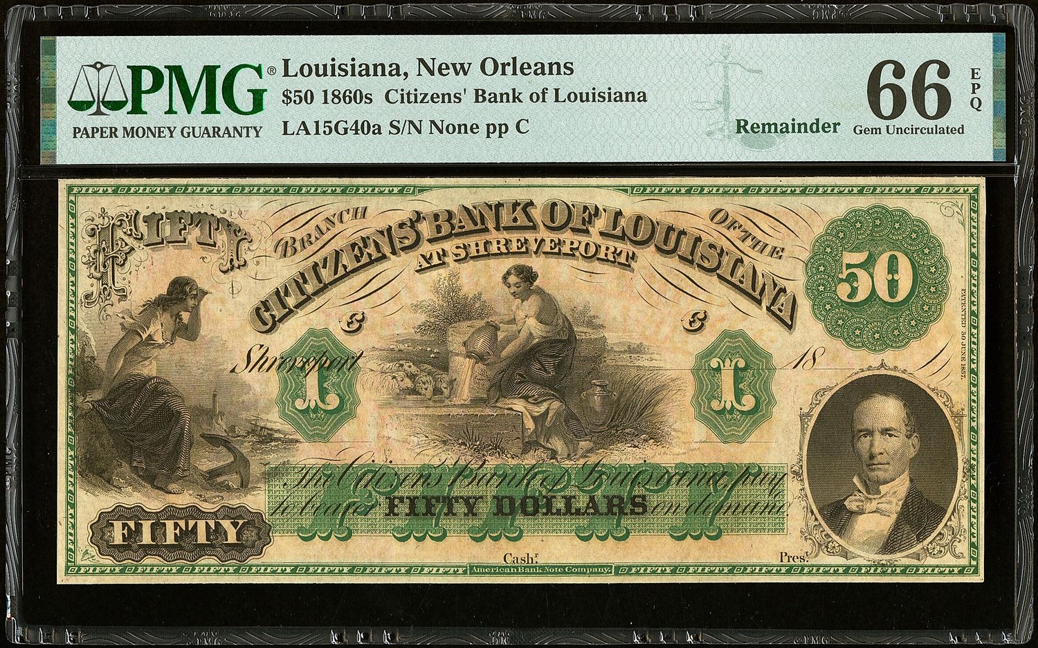1800's $50 The Citizens' Bank of LOUISIANA at Shreveport PCGS 66 EPQ Gem