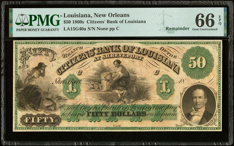 1800's $50 The Citizens' Bank of LOUISIANA at Shreveport PCGS 66 EPQ Gem