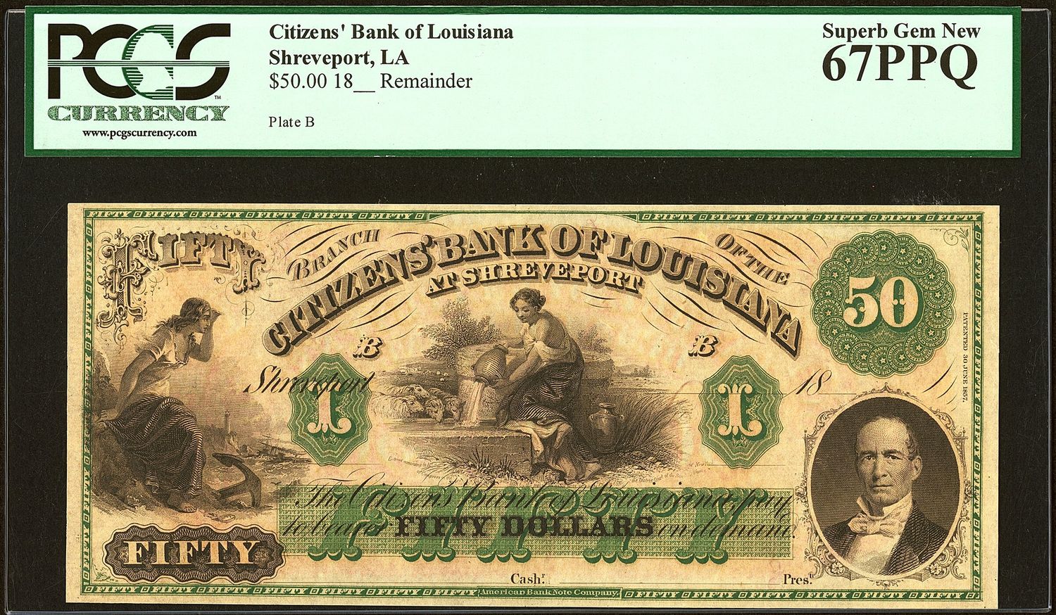 1800's $50 The Citizens' Bank of LOUISIANA at Shreveport PCGS 67 PPQ Superb Gem New