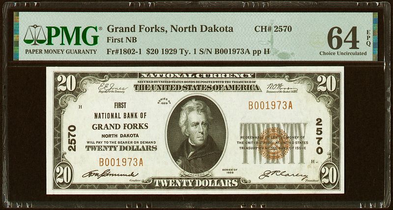 1929 $20 National Bank Note, First National Bank of Grand Forks ND PMG 64 EPQ