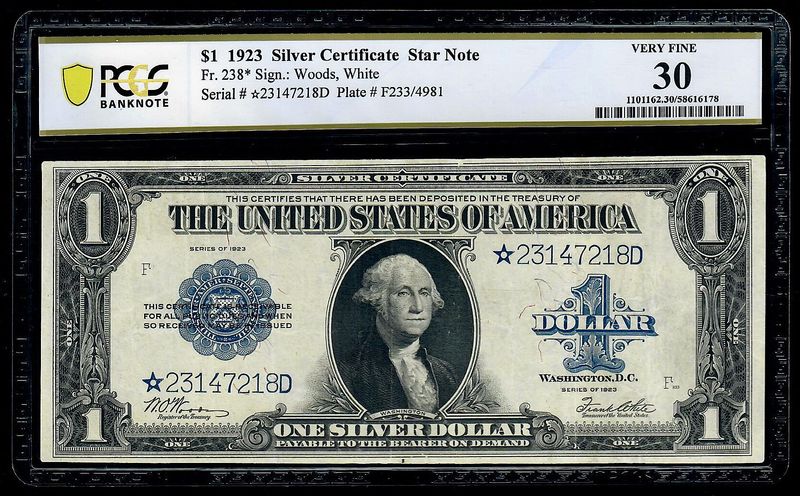 1923 $1 Silver Certificate FR-238* - Star Note - PCGS 30 VF