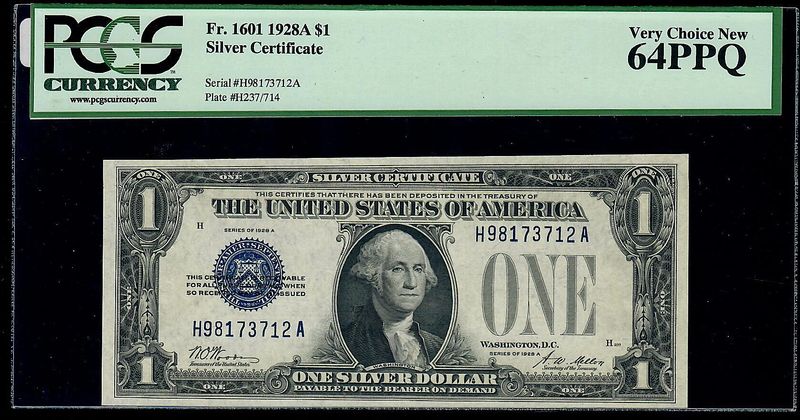 1928A $1 SILVER CERTIFICATE FUNNY BACK Fr. 1601 PCGS 64 PPQ