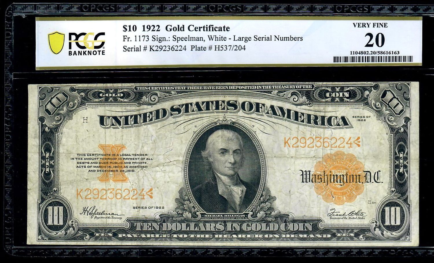1922 $10 Gold Certificate, Fr # 1173 PCGS 20 VF