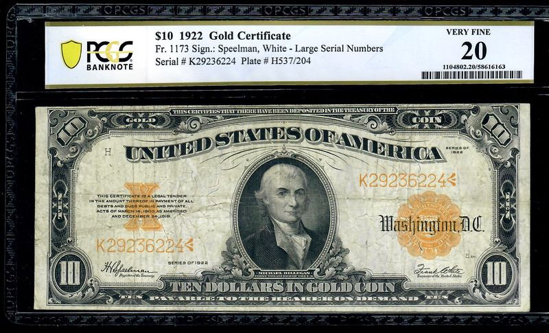 1922 $10 Gold Certificate, Fr # 1173 PCGS 20 VF