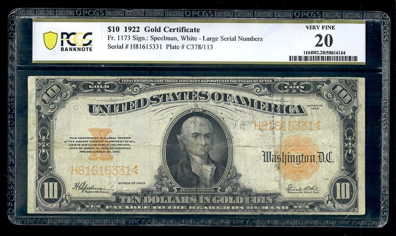 1922 $10 Gold Certificate, Fr # 1173 PCGS 20 VF