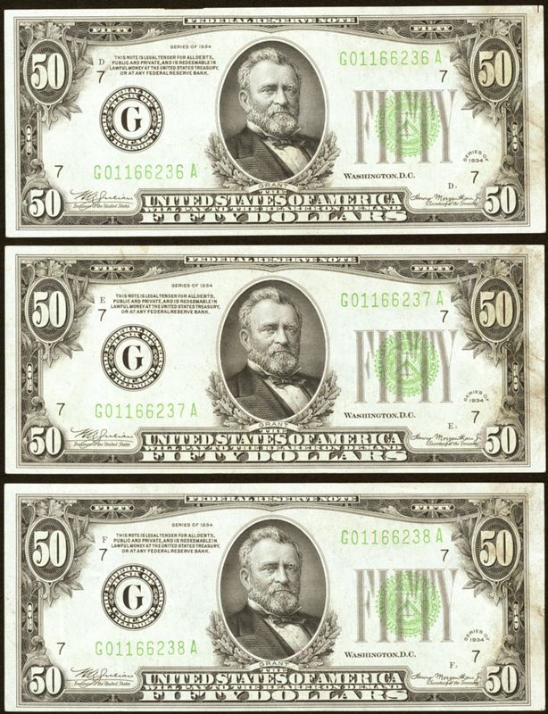 3 Consecutive $50 1934 Federal Reserve Notes Chicago Fr.2102-G , Condition AU