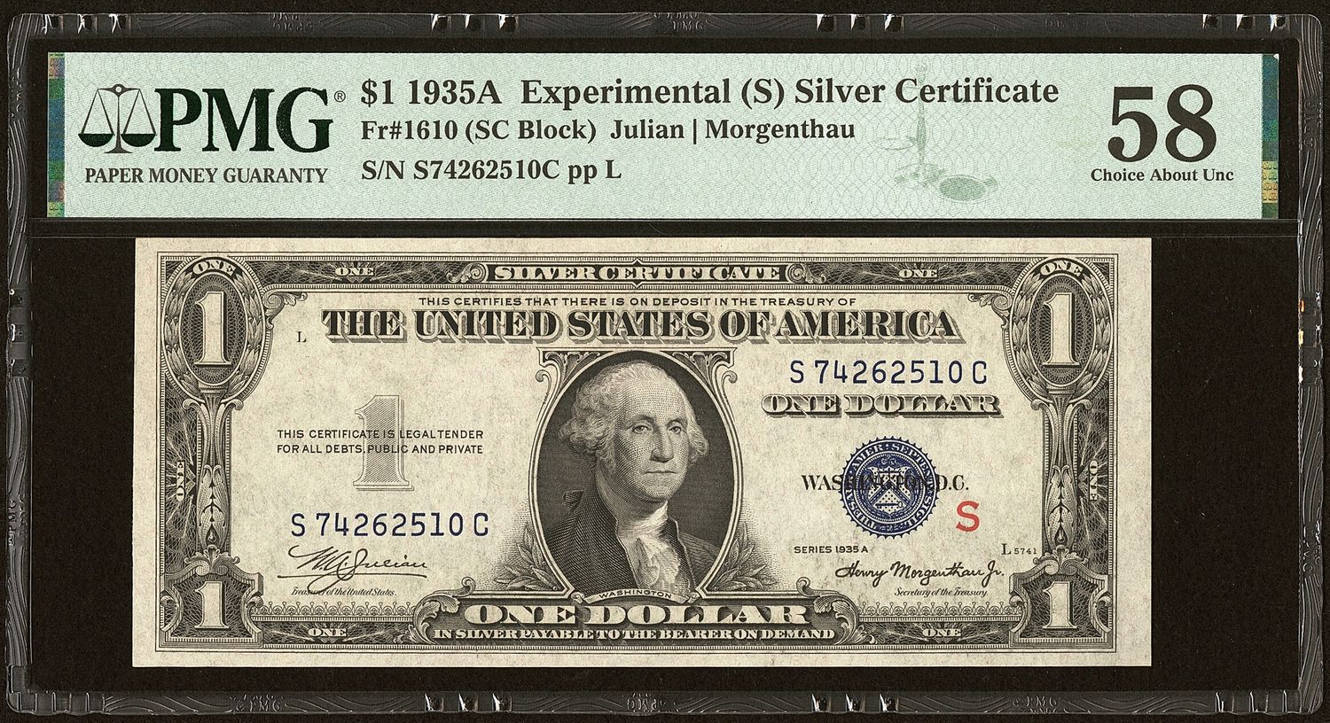 1935A $1 SILVER CERTIFICATE EXPERIMENTAL "S"  Fr 1610 PMG 58