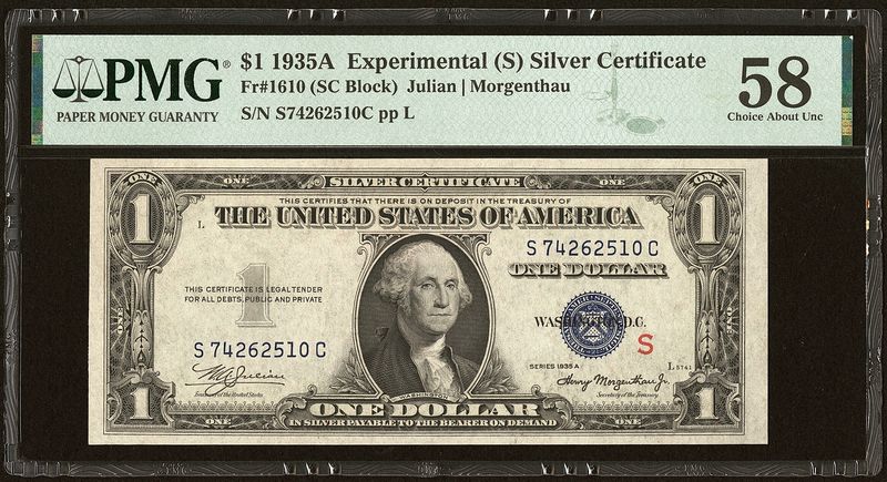 1935A $1 SILVER CERTIFICATE EXPERIMENTAL "S"  Fr 1610 PMG 58