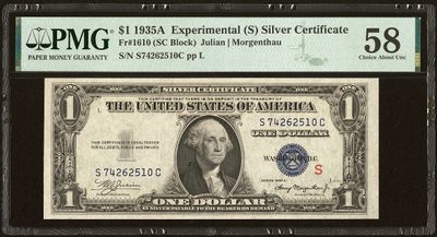 1935A $1 SILVER CERTIFICATE EXPERIMENTAL  1935A $1 SILVER CERTIFICATE EXPERIMENTAL "S"  Fr 1610 PMG 58