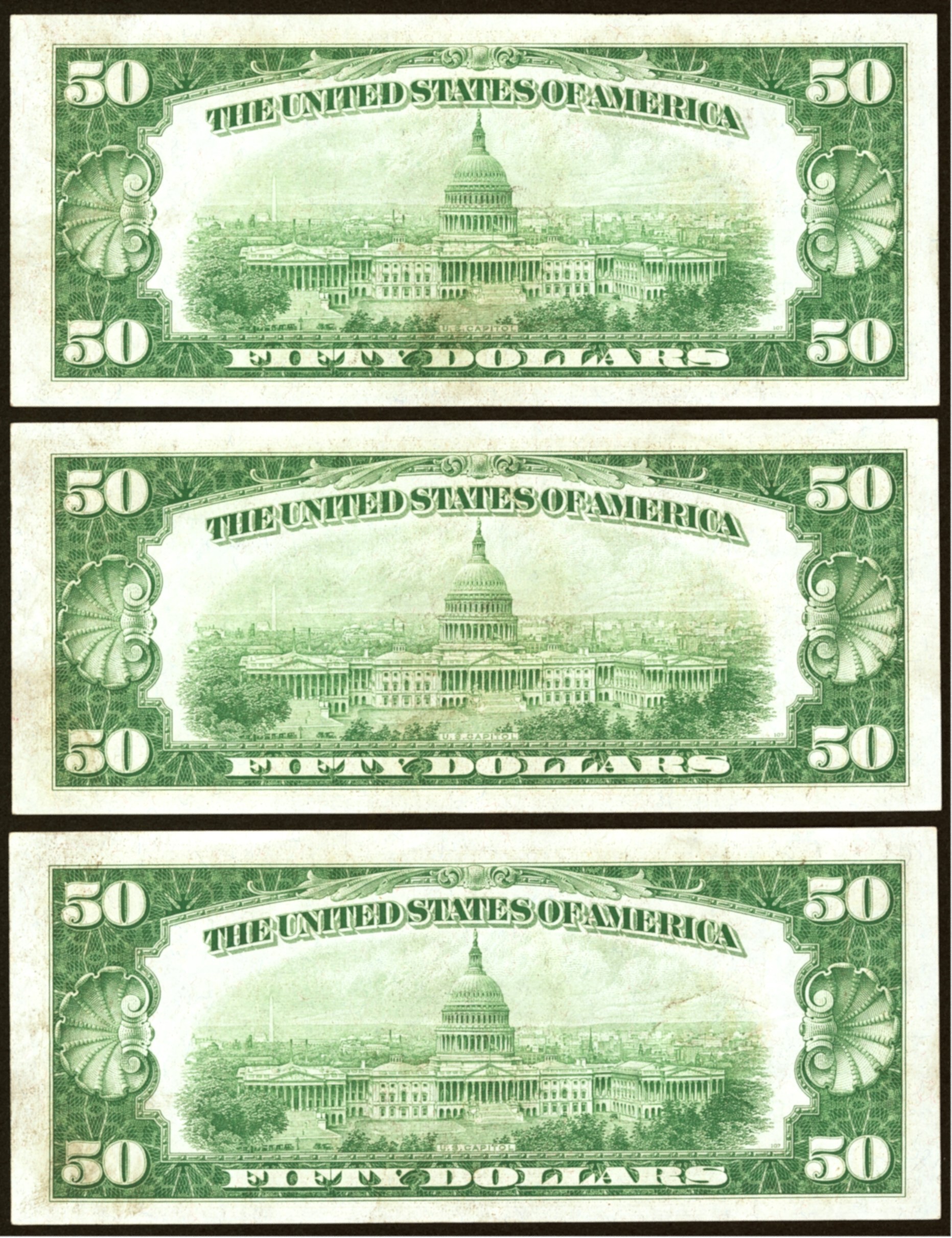 3 Consecutive $50 1934 Federal Reserve Notes Chicago Fr.2102-G , Condition AU