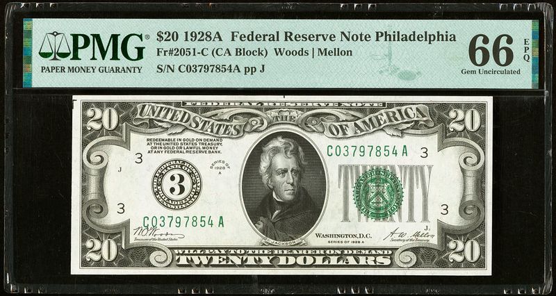 1928 $20 Federal Reserve Note Philadelphia Fr. 2051-C PMG 66 EPQ Uncirculated