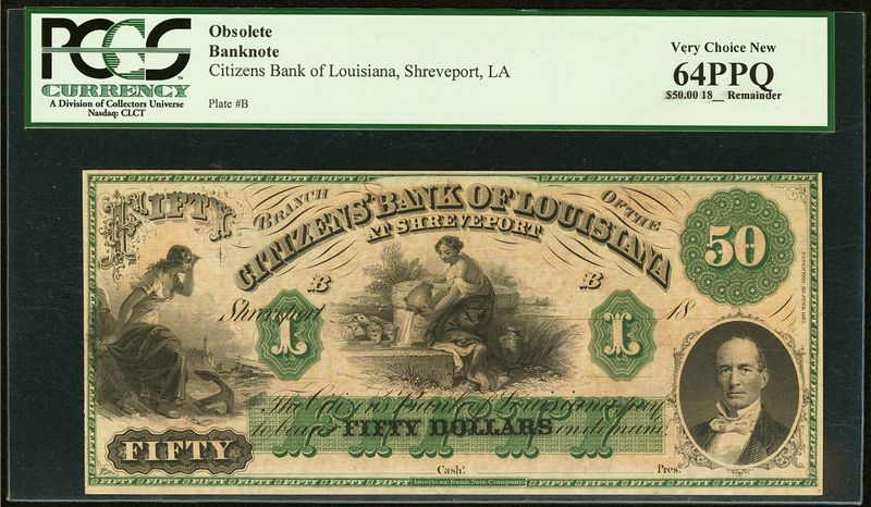 1800's $50 The Citizens' Bank of LOUISIANA at Shreveport PCGS 64 PPQ