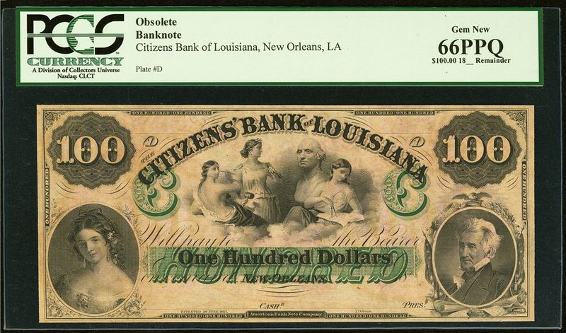 1800's $100 The Citizens' Bank of LOUISIANA at Shreveport PCGS 64 PPQ