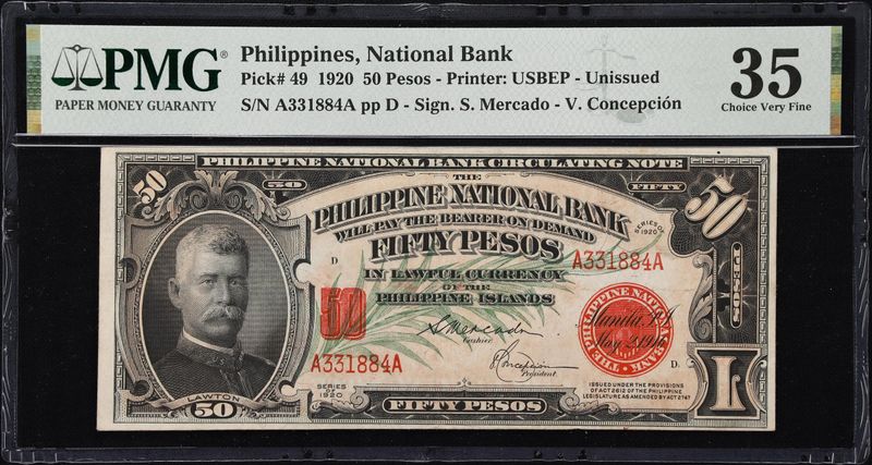 1920 50 PESO PHILIPPINES NATIONAL BANK ADM LAWTON VIGNETE P-49 PMG 35 VF