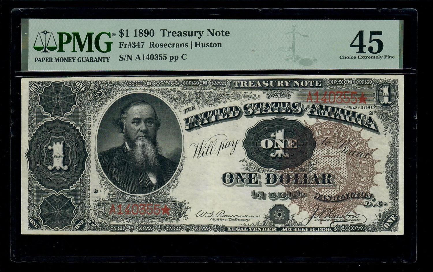 1890 $1 Treasury Note "ORNATE BACK" FR-347 PMG 45 Extremely Fine