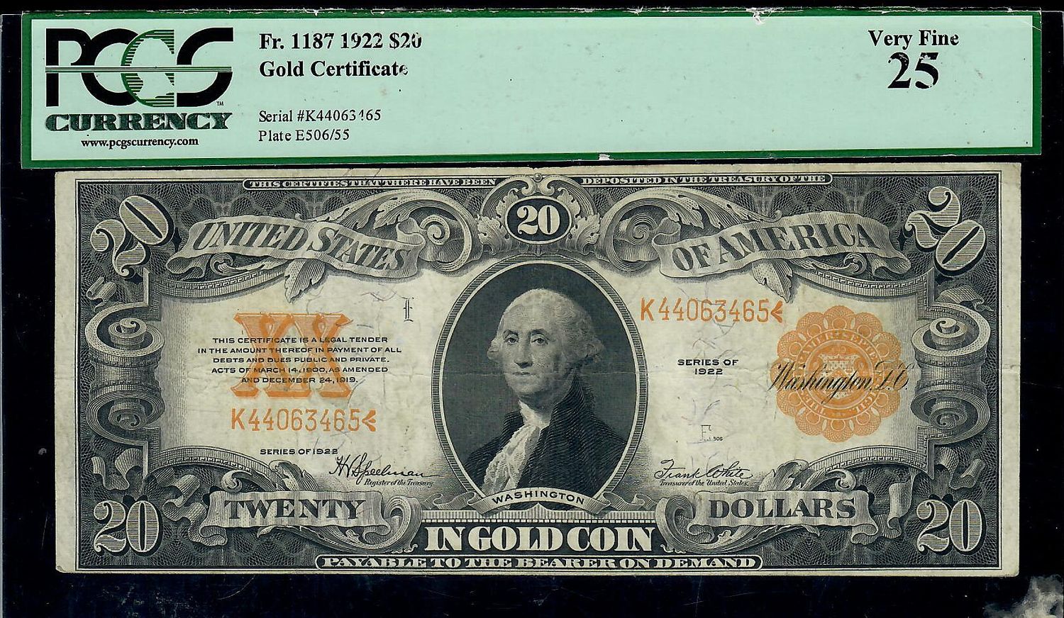 1922 $20 Gold Certificate Fr. 1187   PCGS  25 Very Fine