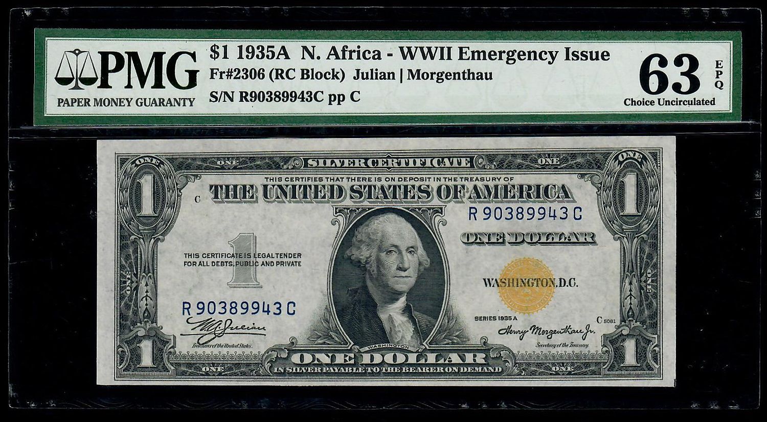 1935-A $1 North Africa Silver Fr. 2306 IC Block PMG 63 EPQ