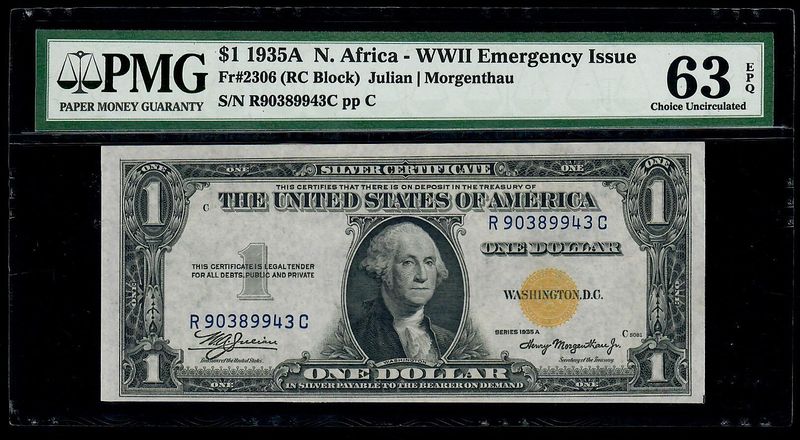 1935-A $1 North Africa Silver Fr. 2306 IC Block PMG 63 EPQ