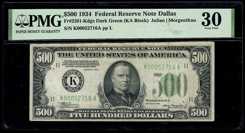 1934A $500 Federal Reserve Note Fr. 2201-K Dallas, Tx  PMG VF 30