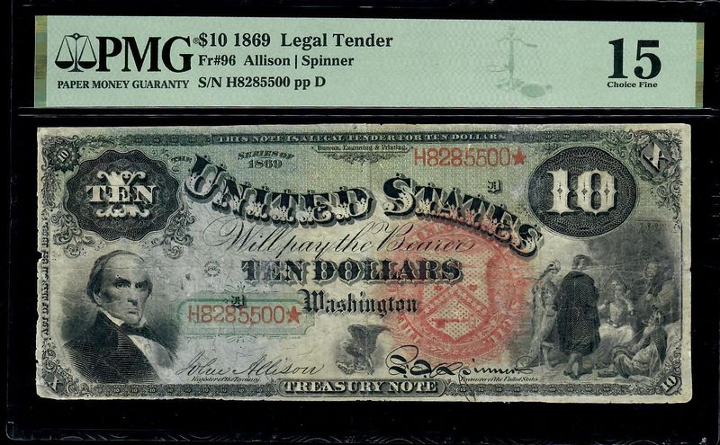 1869 $10 Rainbow Legal Tender Note certified PMG 15 Choice Fine