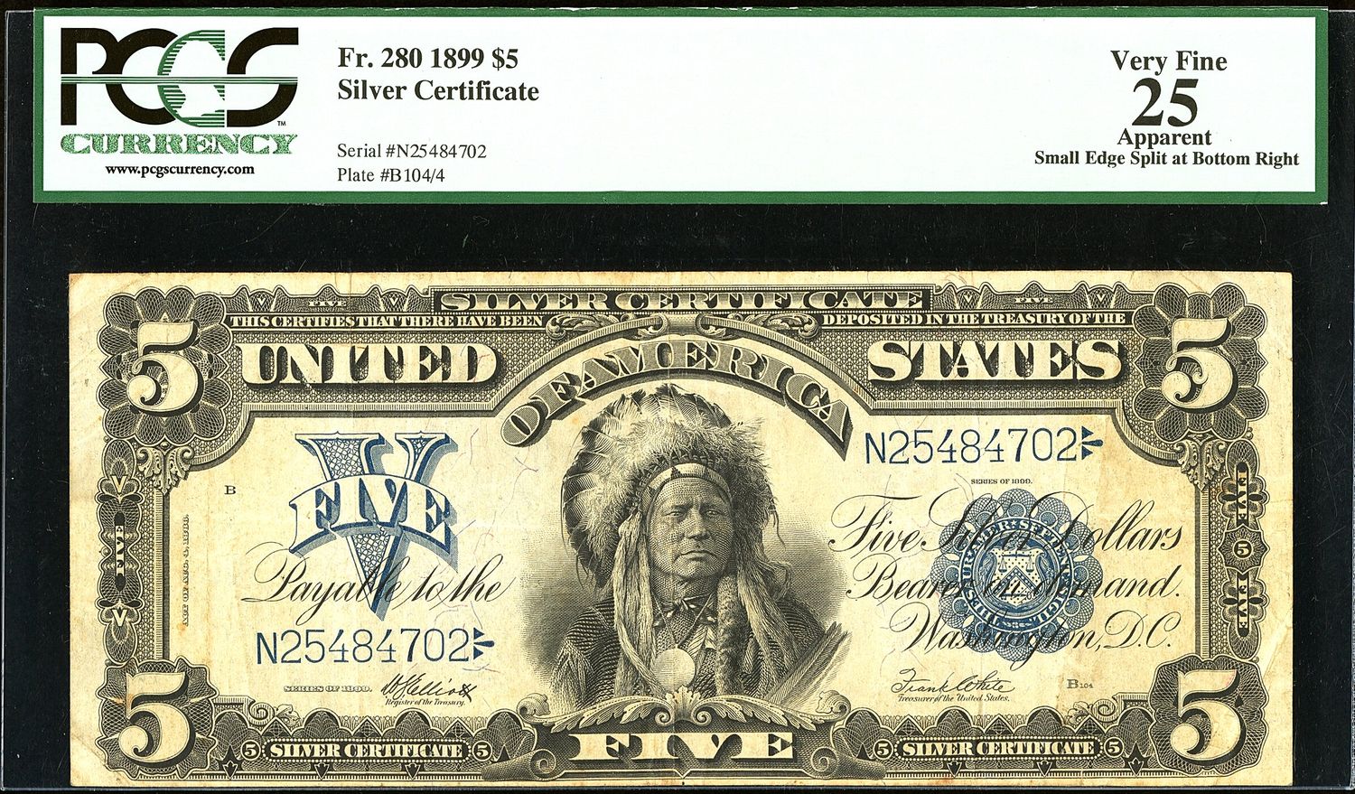 1899 $5 Silver Certificate Chief FR.278 PCGS 25 VF