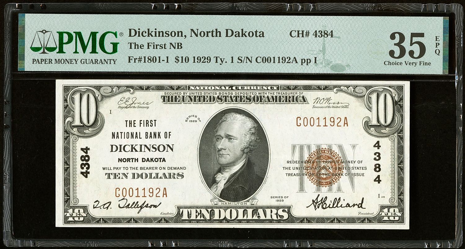 1929 $10 The First National Bank of Dickinson, ND  CH # 4384 PMG 35 EPQ